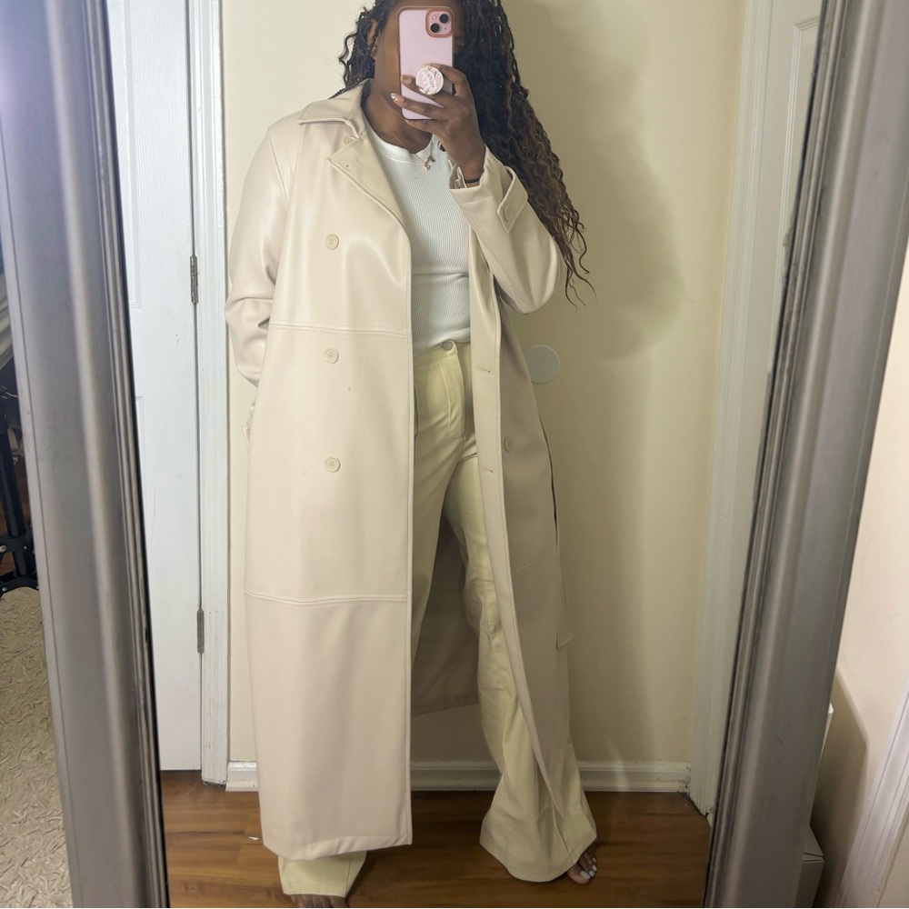 Ivory faux leather trench coat